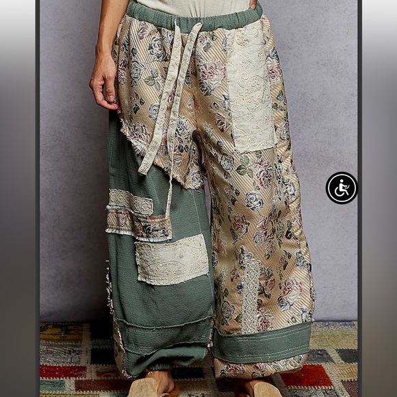 POL Pants - Pol patchwork relaxed fit jogger pants in printed woven. Sea foam green. GWP31A